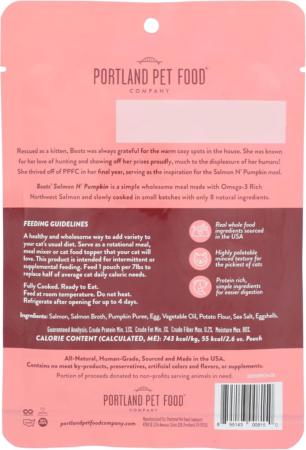 Boots Salmon N' Pumpkin pouch beside cat suggests hydration-friendly, protein-rich meal option.