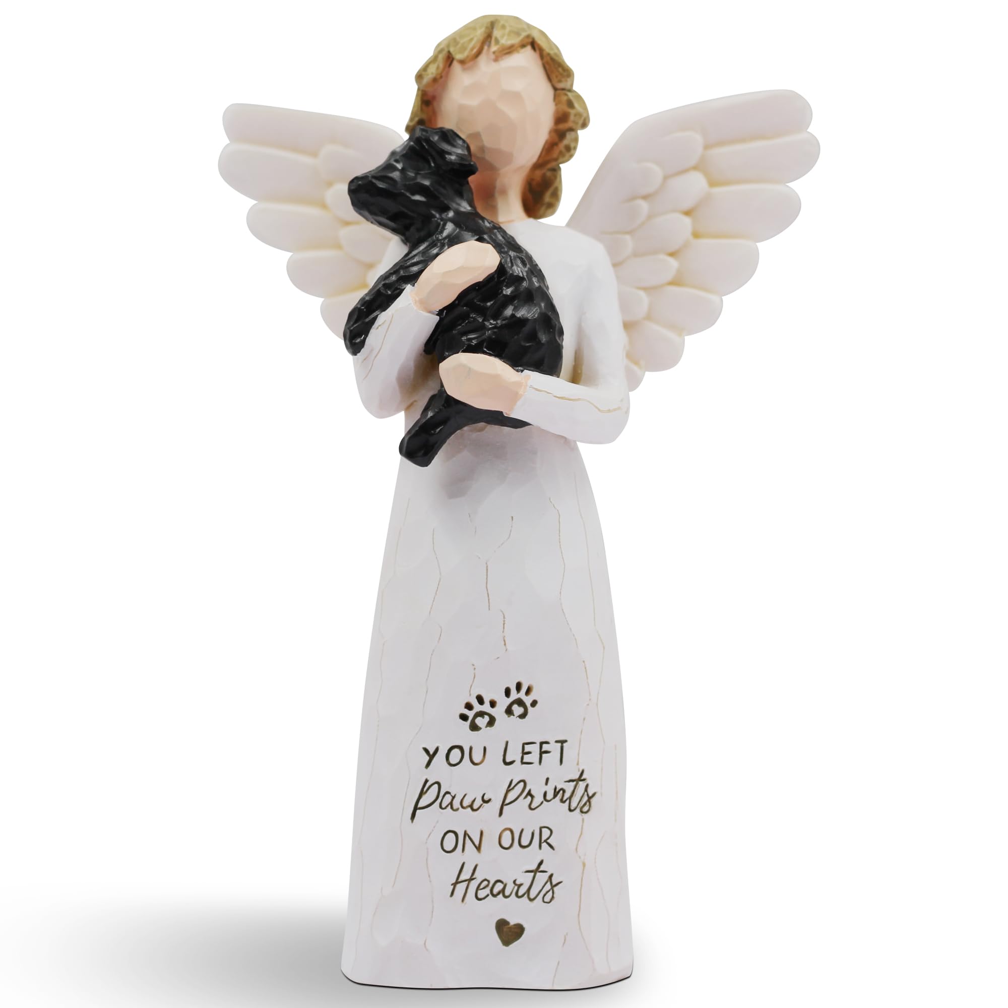 BORLESTA dog memorial angel figurine in black, front view; a hand-painted keepsake for desk display.