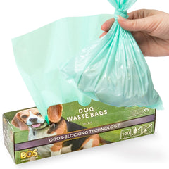 BOS odor-sealing dog poop bags close-up highlights odor containment for clean outdoor walks.