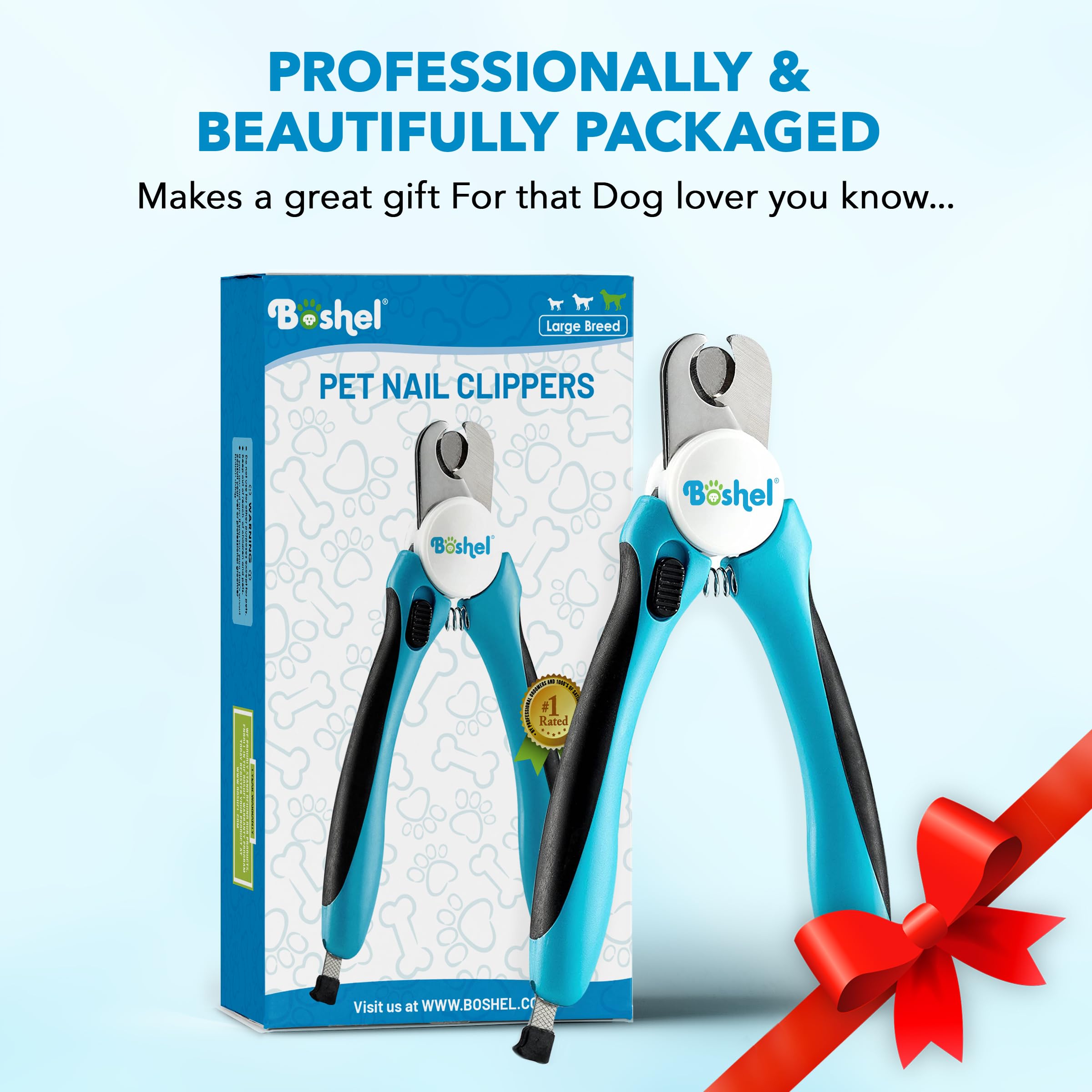 Boshel dog nail clippers on paw demo illustrates safe, controlled trimming.
