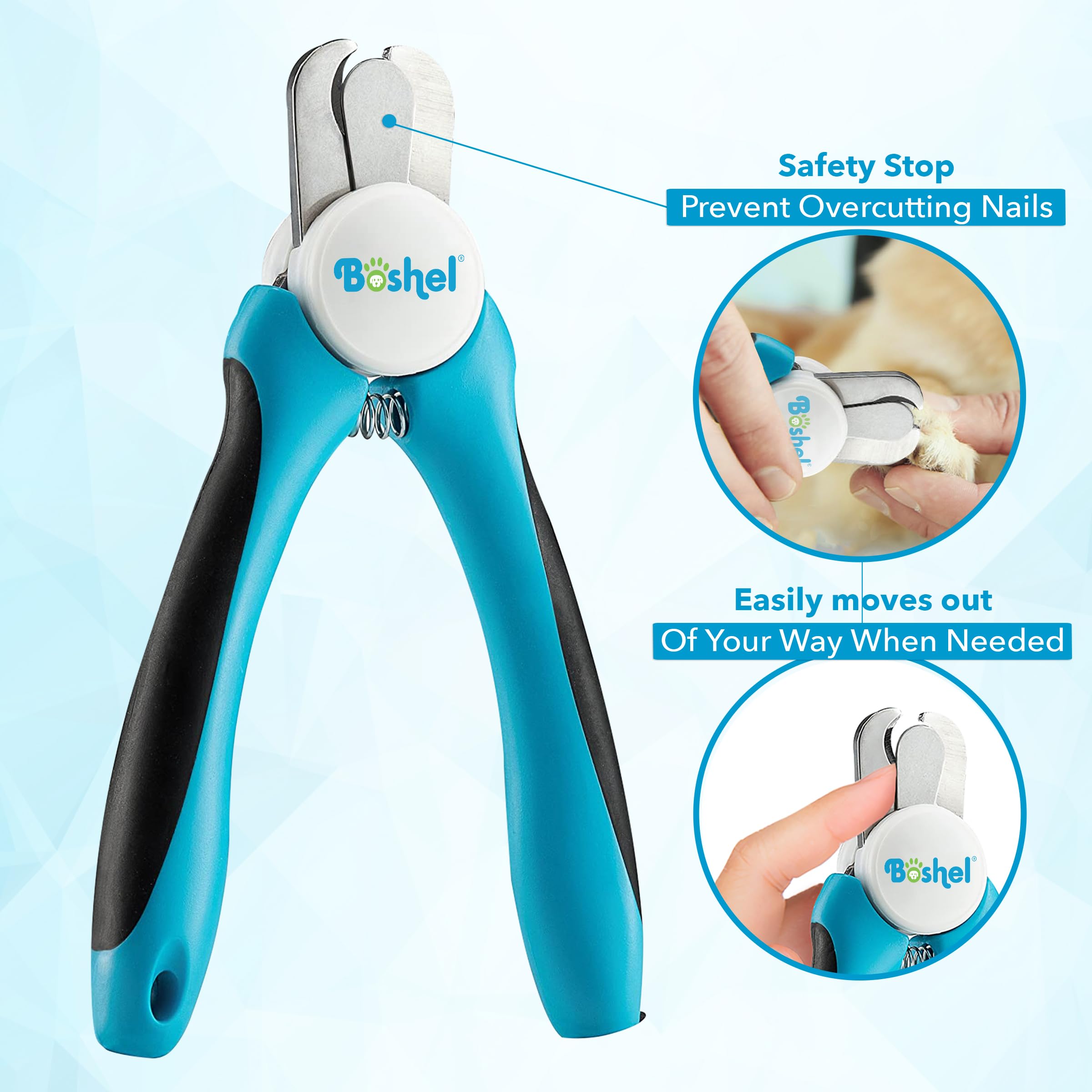 Boshel large dog nail clippers in-use demonstrates steady grip during home grooming.