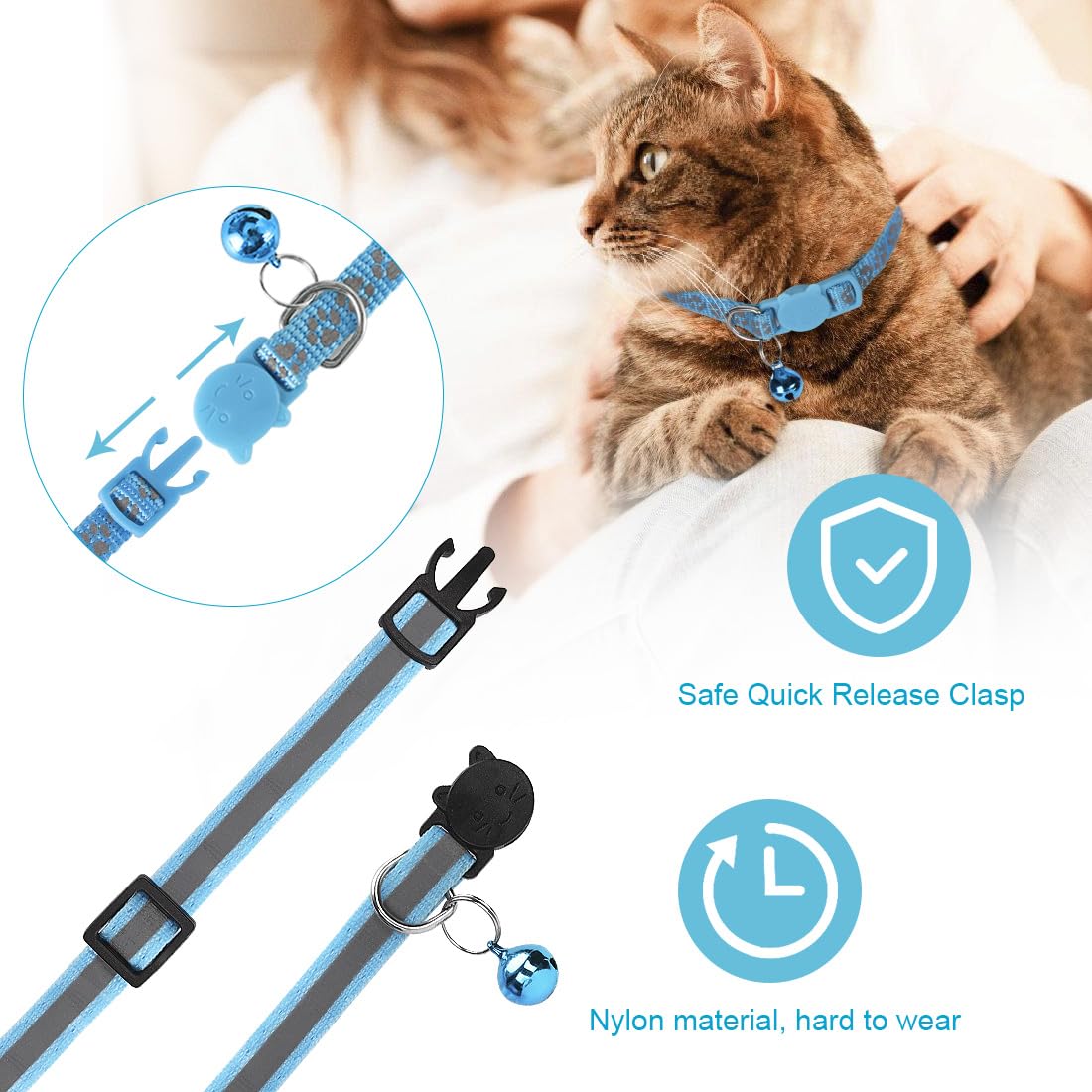 Bosose blue cat collar with breakaway buckle for quick, safe release.