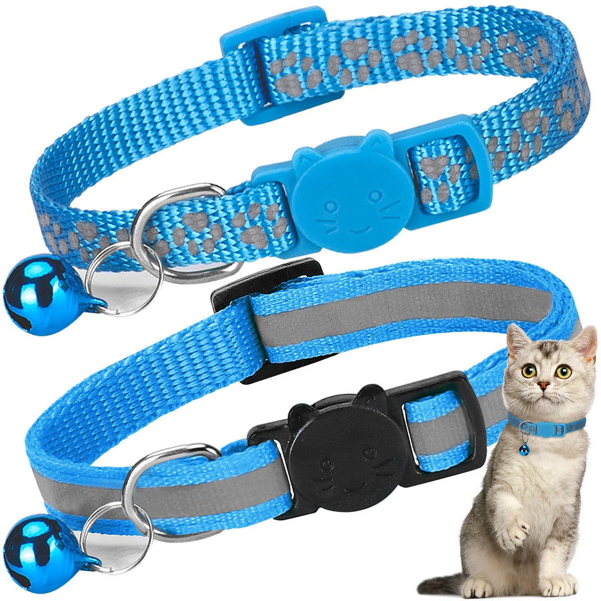 Bosose two-pack cat collar with paw print, blue; enhances nighttime visibility and safety.