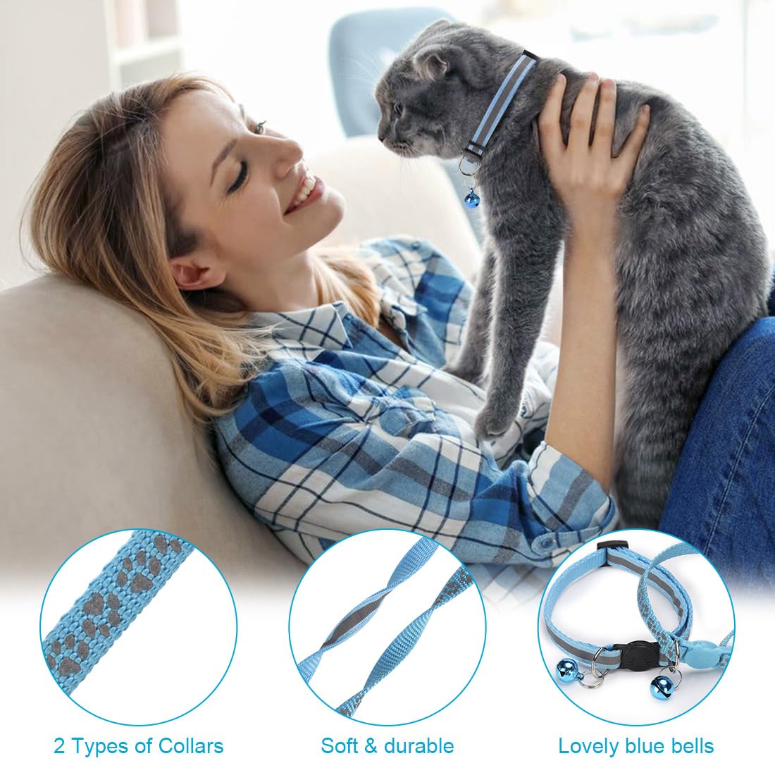 Bosose two-pack cat collar with blue reflective stripe, boosts night visibility for cats.