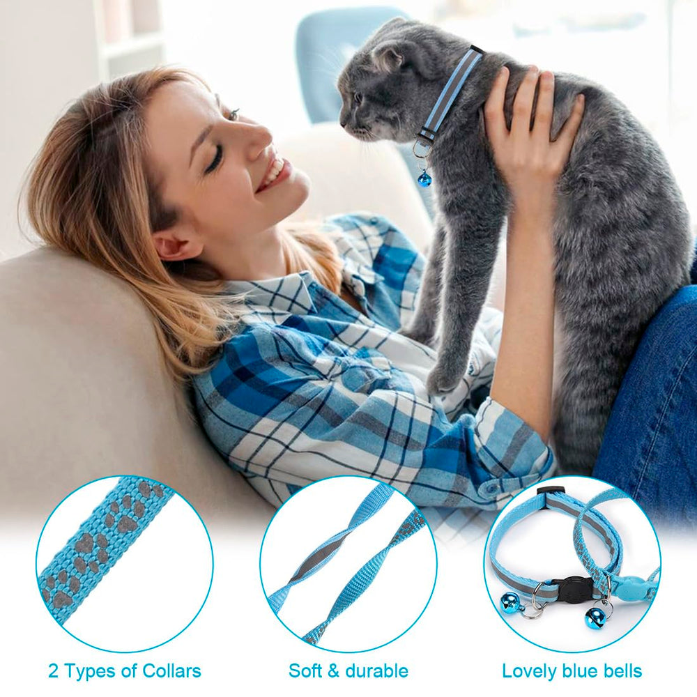Bosose two-pack cat collar with blue reflective stripe, boosts night visibility for cats.
