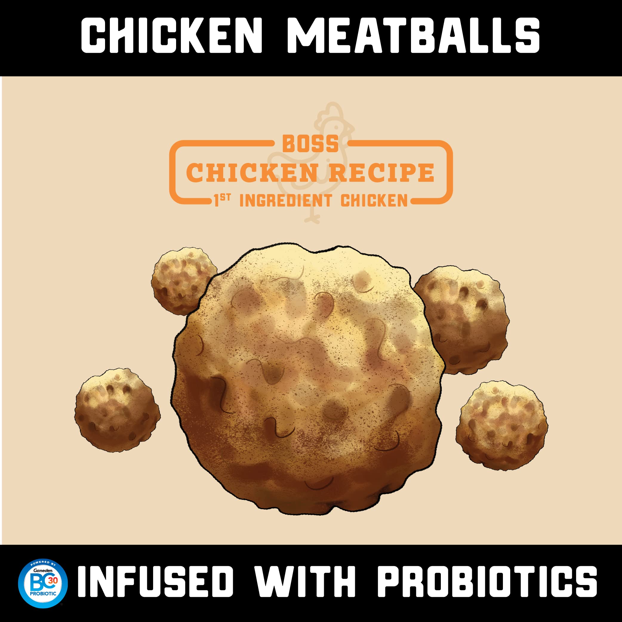 Boss Dog Boss Proballs chicken pack closeup highlighting probiotic nutrition.