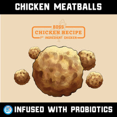 Boss Dog Boss Proballs chicken pack closeup highlighting probiotic nutrition.