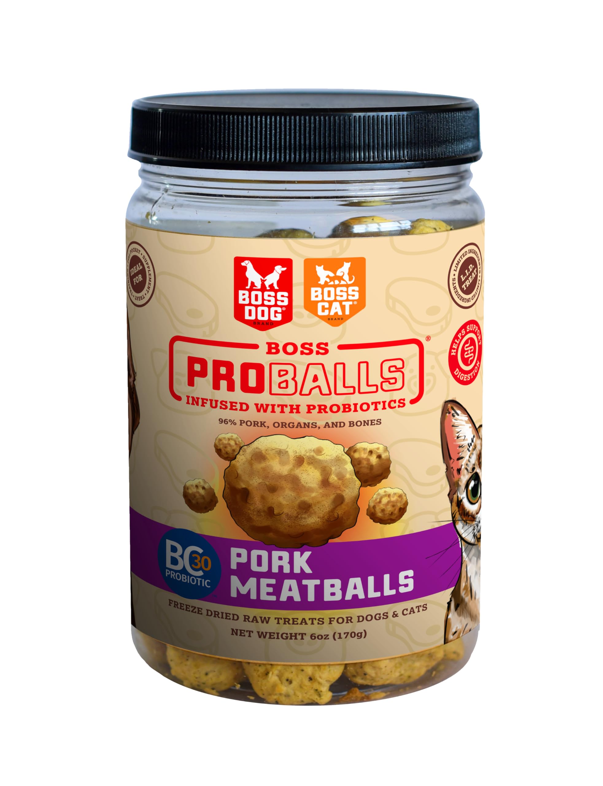 Boss Dog Boss Proballs pork meatball treats in a jar for tasty rewards and digestive support