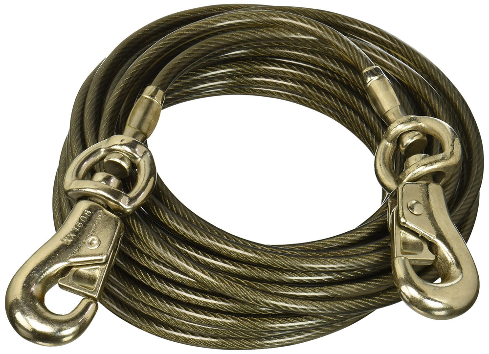Boss Pet Tie Out Super Beast 30ft cable with rust-resistant hooks for outdoor dog exercise.