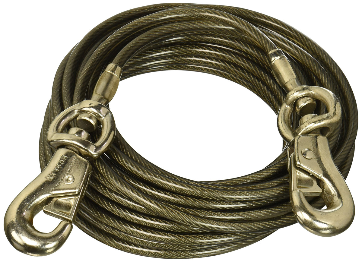 Boss Pet Tie Out Super Beast 30ft cable with rust-resistant hooks for outdoor dog exercise.
