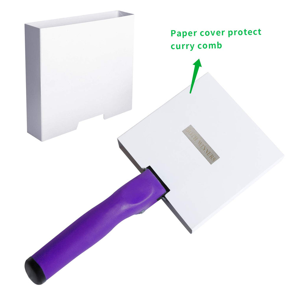 BOTH WINNERS purple curry comb cleaning a brush or carpet to remove caked mud.