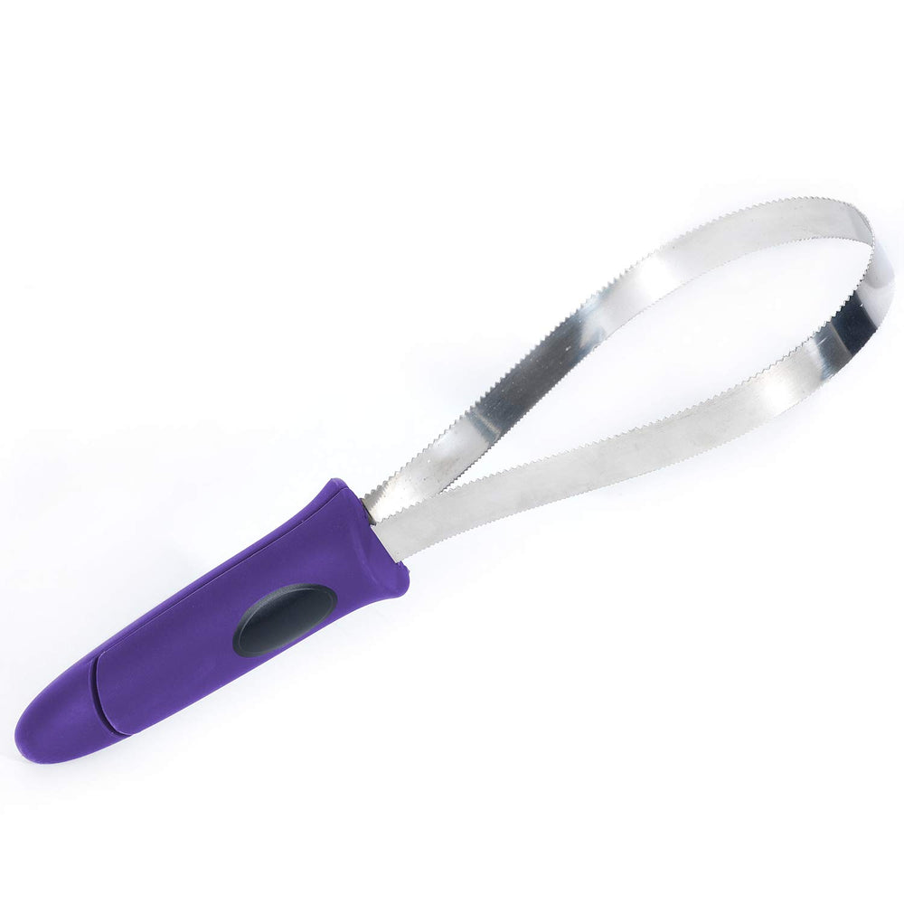 BOTH WINNERS dual-sided shedding blade with purple handle for comfortable at-home grooming.
