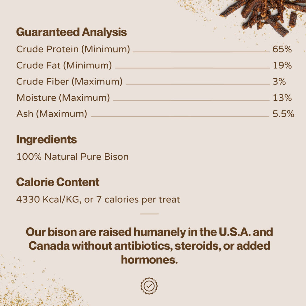 Boulder Dog Food Company Bison Bits ingredients card highlights pure bison with natural preservative