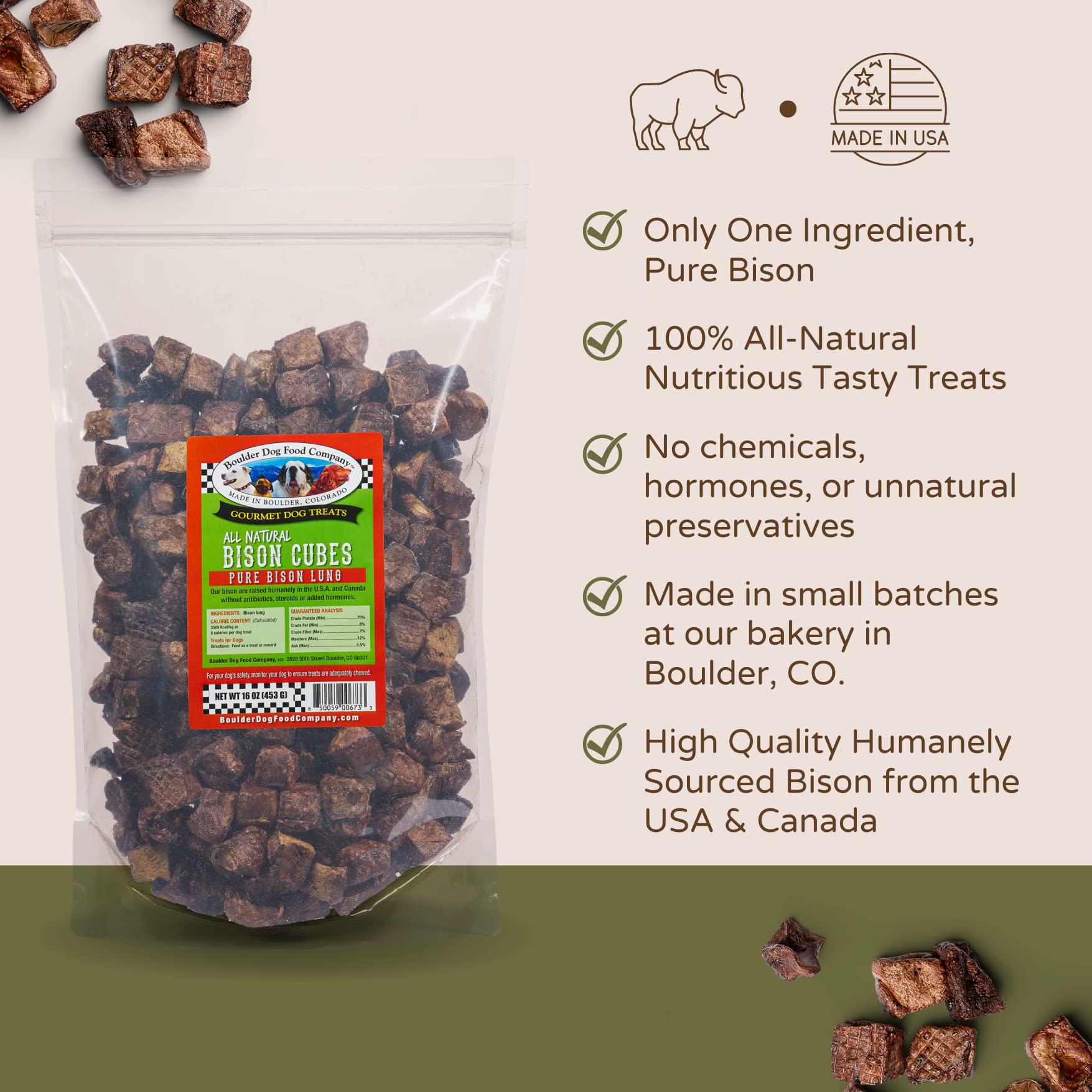 Boulder Dog Food Company Bison Cubes grain-free label boosts suitability for dogs with allergies.