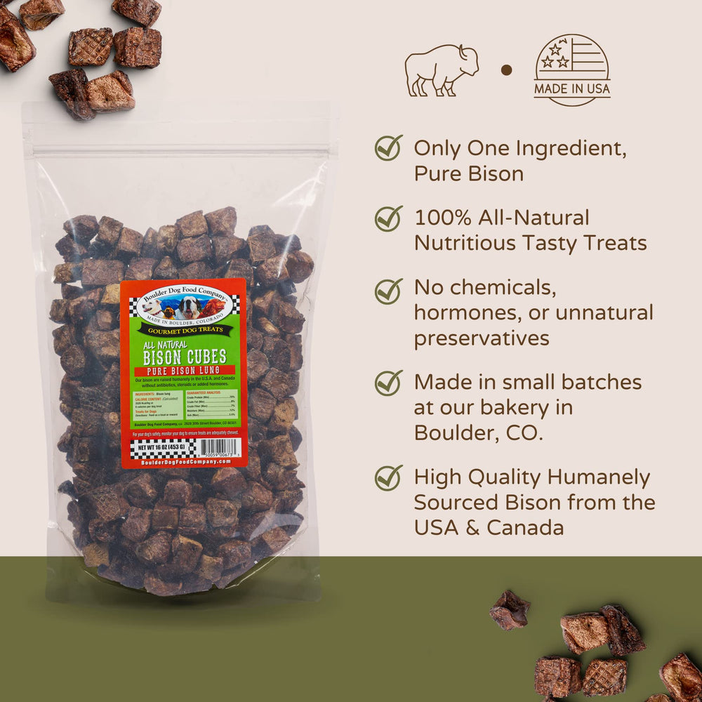 Boulder Dog Food Company Bison Cubes grain-free label boosts suitability for dogs with allergies.