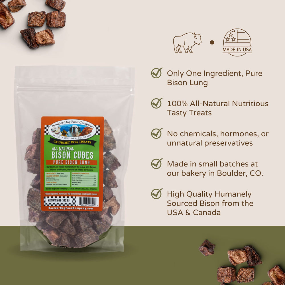 Boulder Dog Food Company bison cubes closeup shows crunchy, protein-rich bites