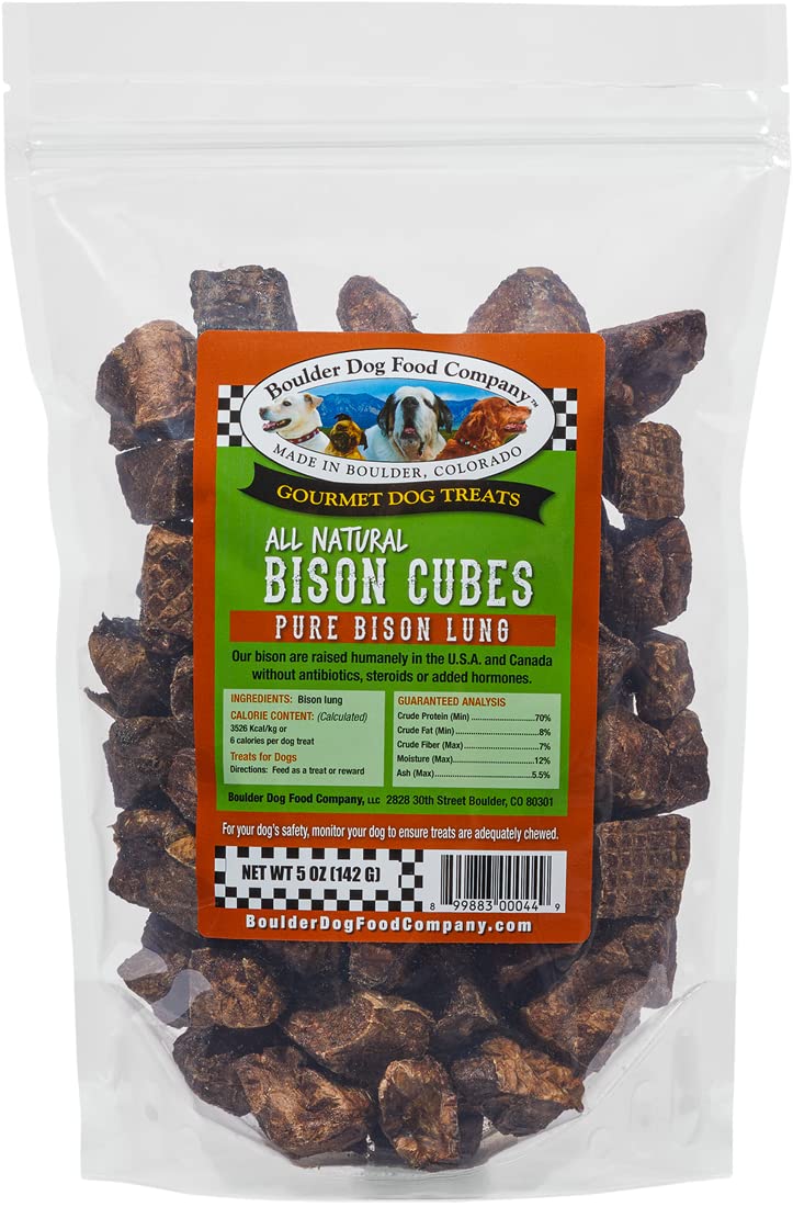 Boulder Dog Food Company bison cubes packshot in 5oz bag for training rewards