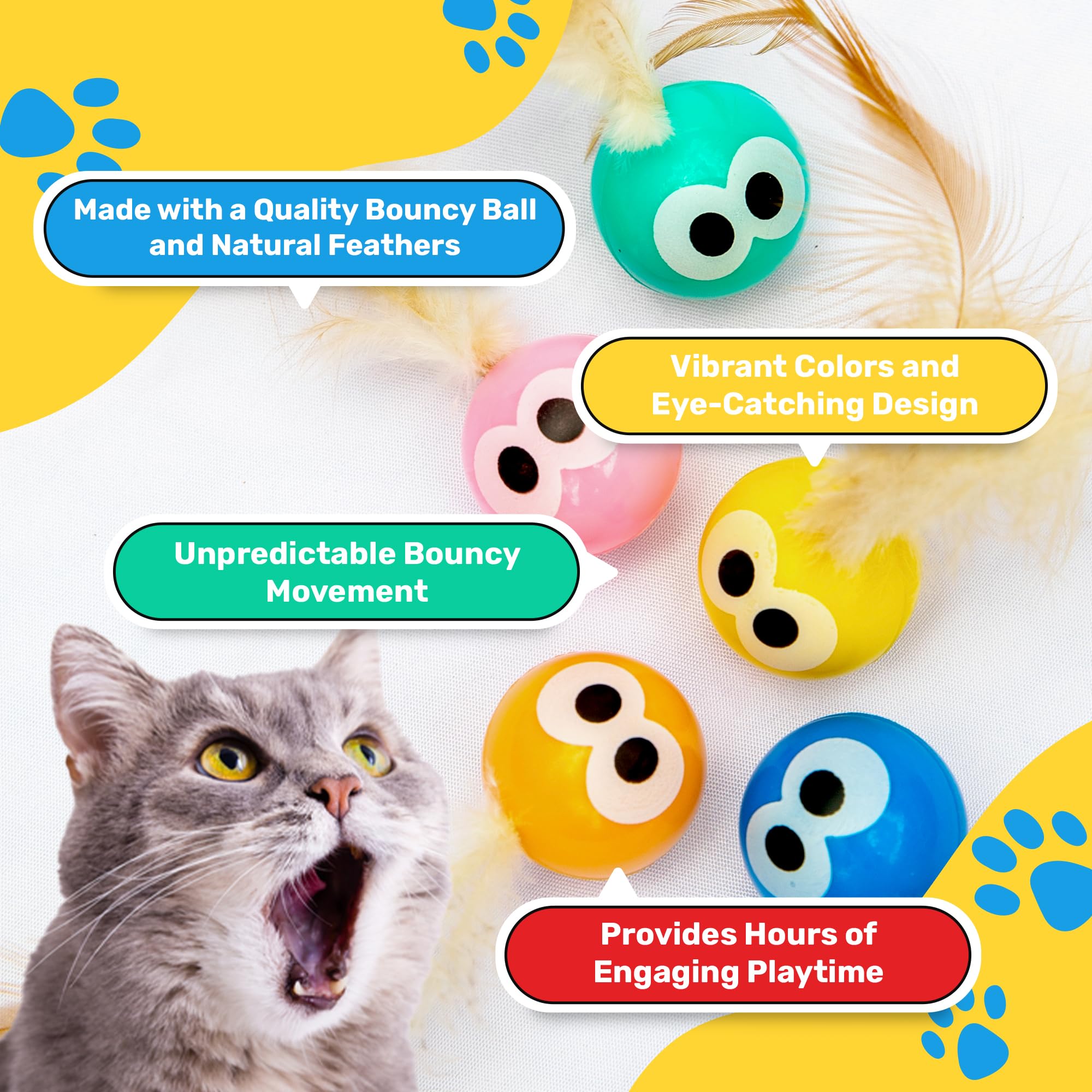 Bouncy Tails cat ball toy eye design highlights irresistible swat-worthy appeal.