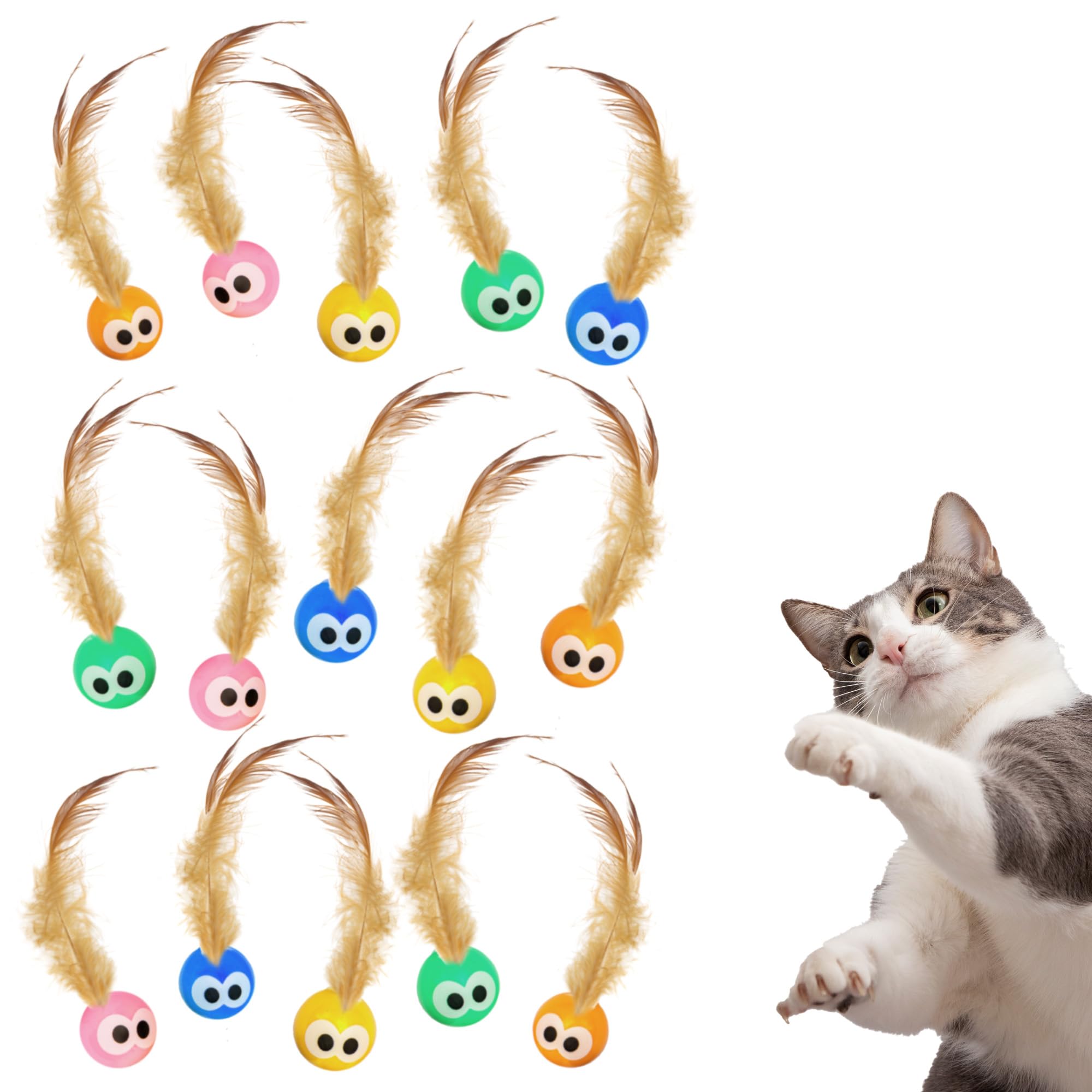 Bouncy Tails cat ball toy feathers closeup showing natural plumage for prey-like engagement.