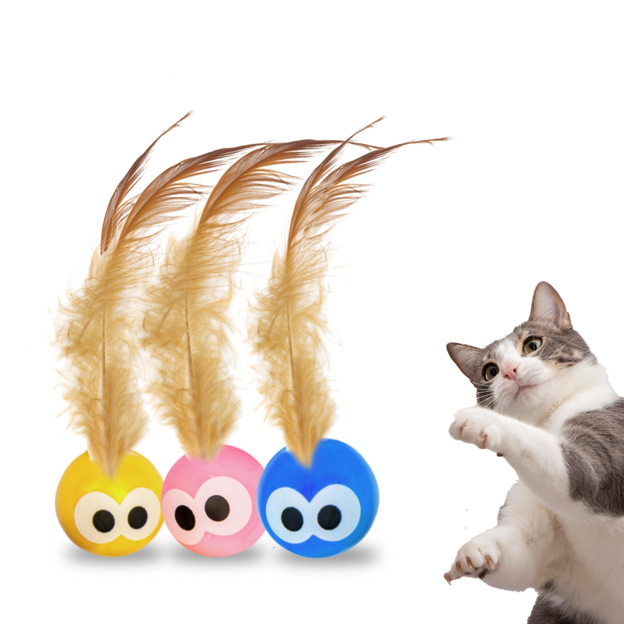 Bouncy Tails cat ball toy with feathers in action boosts active play and hunting instincts.