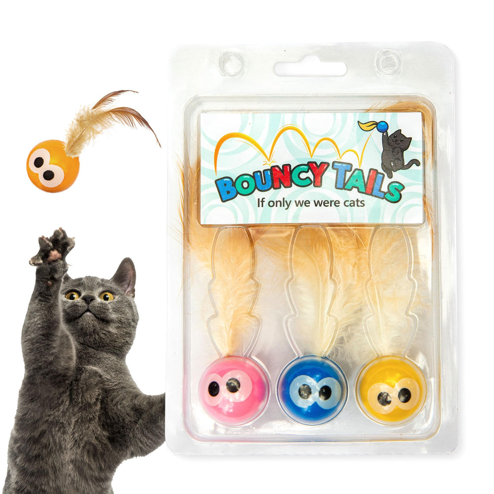 Bouncy Tails cat ball toy's 3-pack availability ensures ready replacements.