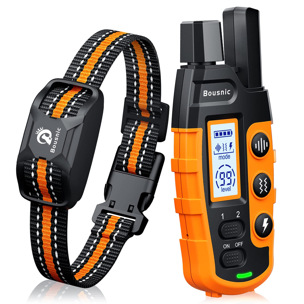 Bousnic dog shock collar orange front view demonstrates three training modes for better behavior.