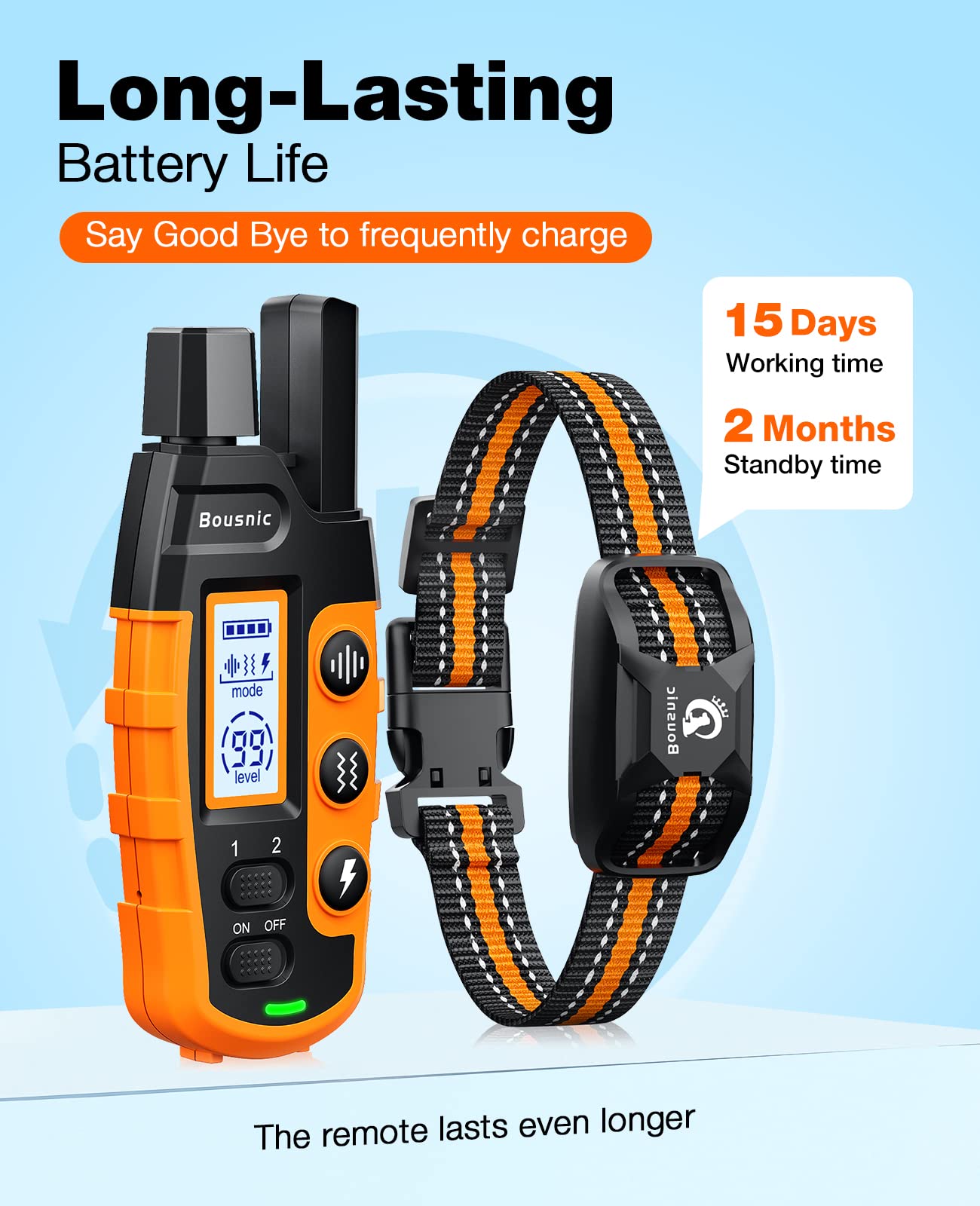 Bousnic safe shock adjustments image explains leveling for humane correction.