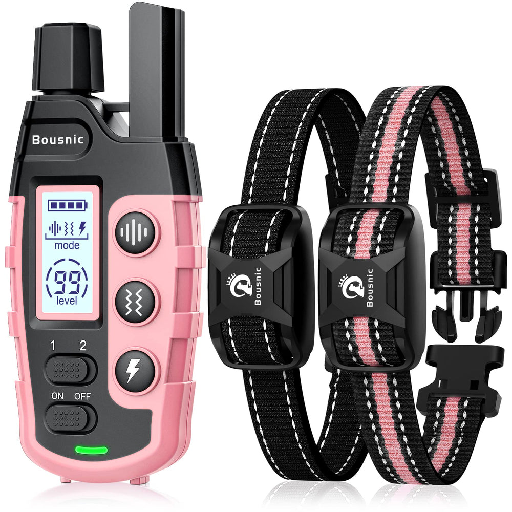 Bousnic dog shock collar remote with dual-channel control for training two dogs.