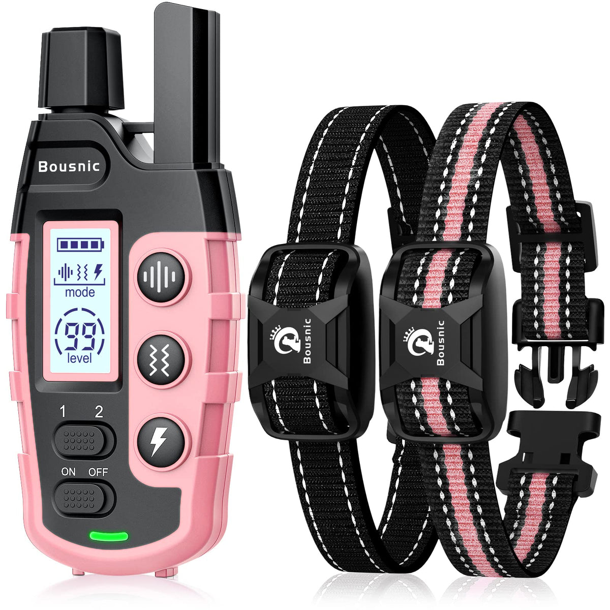 Bousnic dog shock collar remote with dual-channel control for training two dogs.