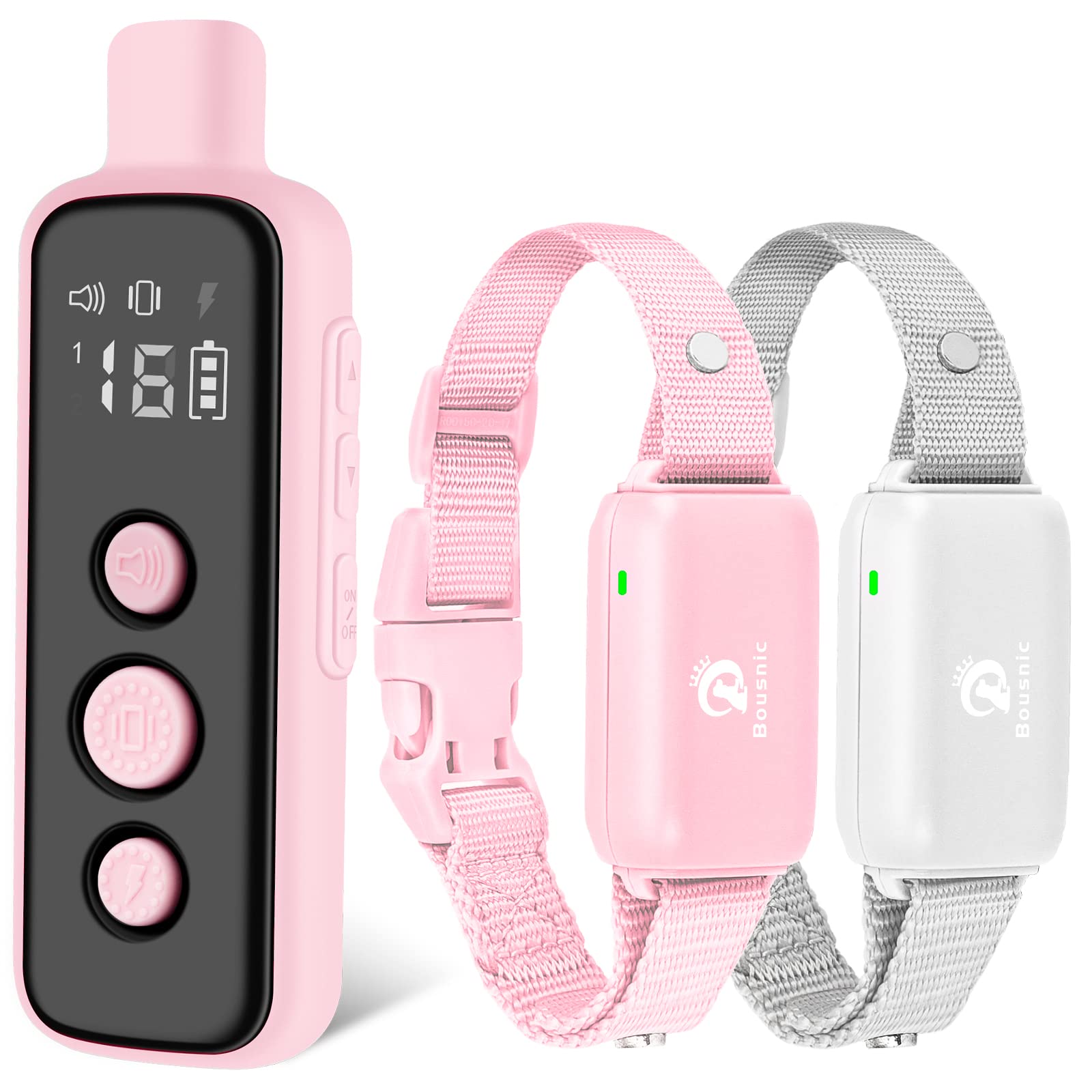 BOUSNIC dual-dog pink training collar with remote for two dogs.