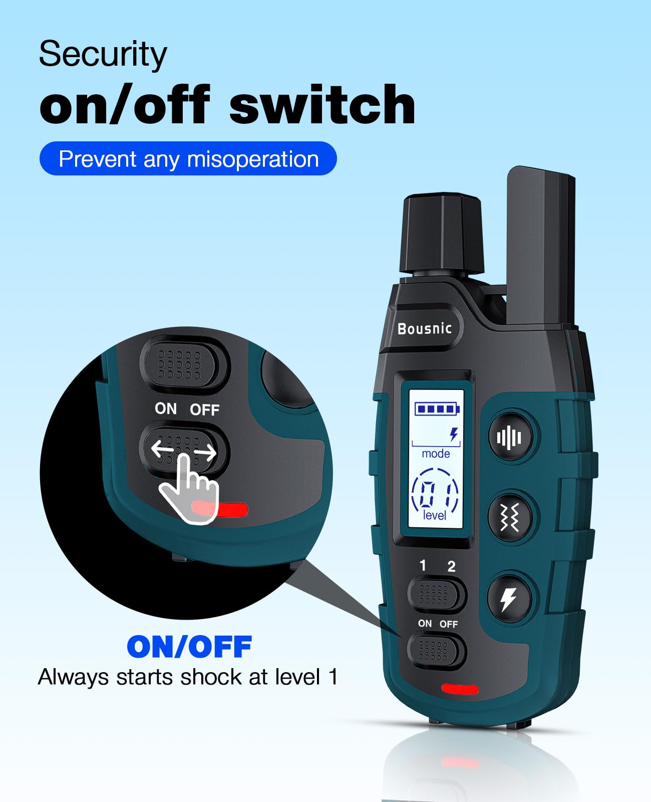 BOUSNIC safe shock mode with multiple levels for gradual cues.