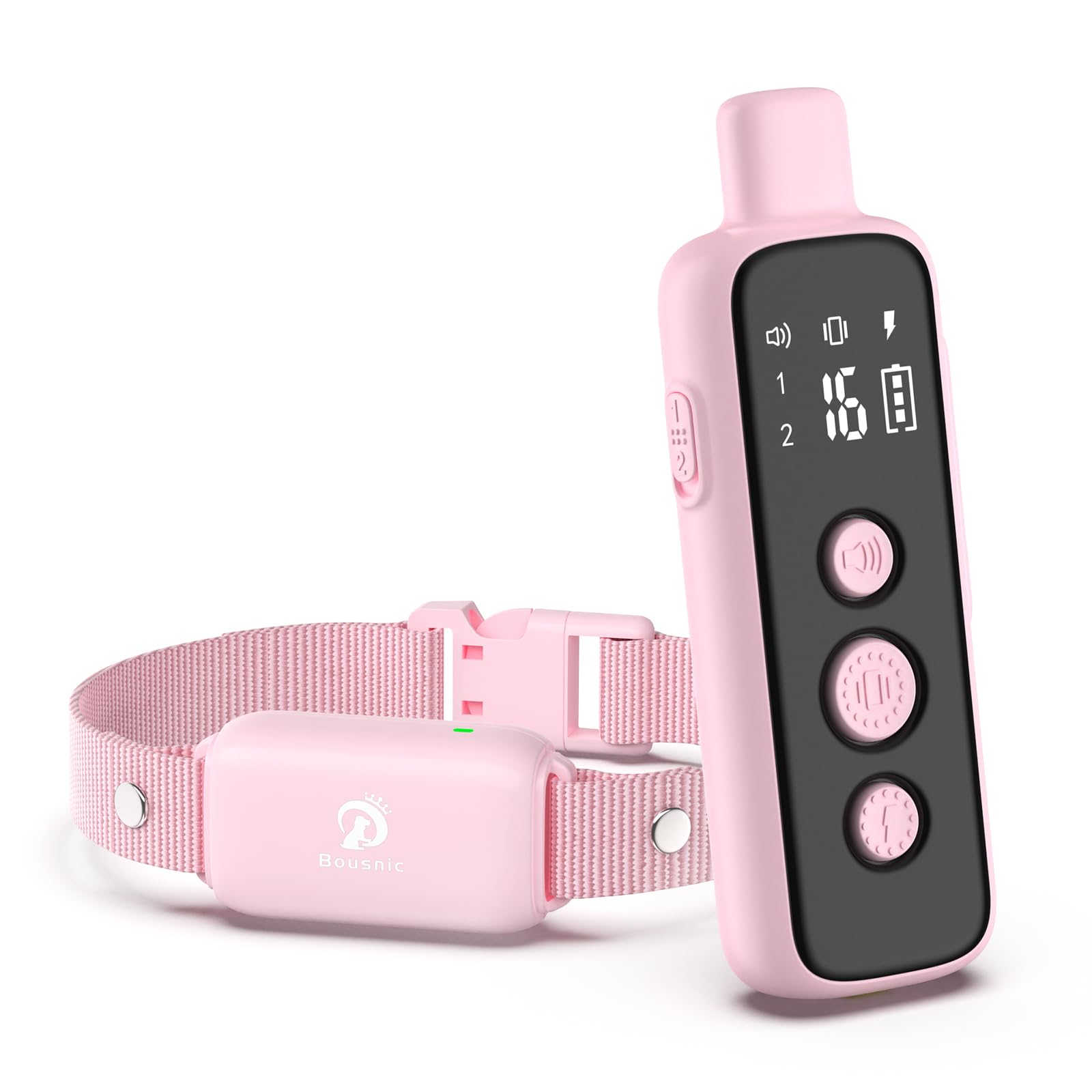 Bousnic shock collar dog receiver closeup showing compact design for all dog sizes.