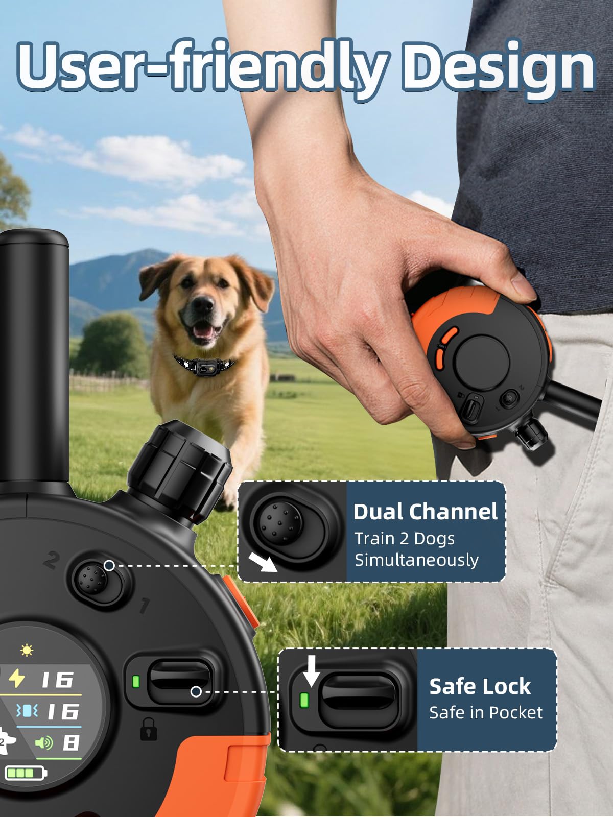 BOUSNIC front facing speaker and power button enable clear commands without removing collar.