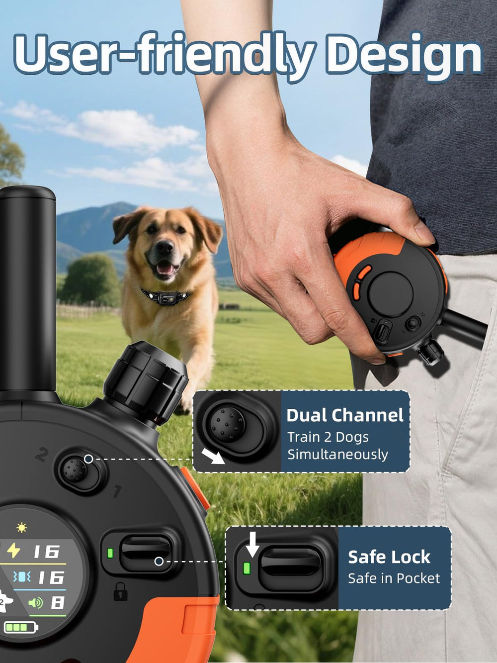BOUSNIC front facing speaker and power button enable clear commands without removing collar.