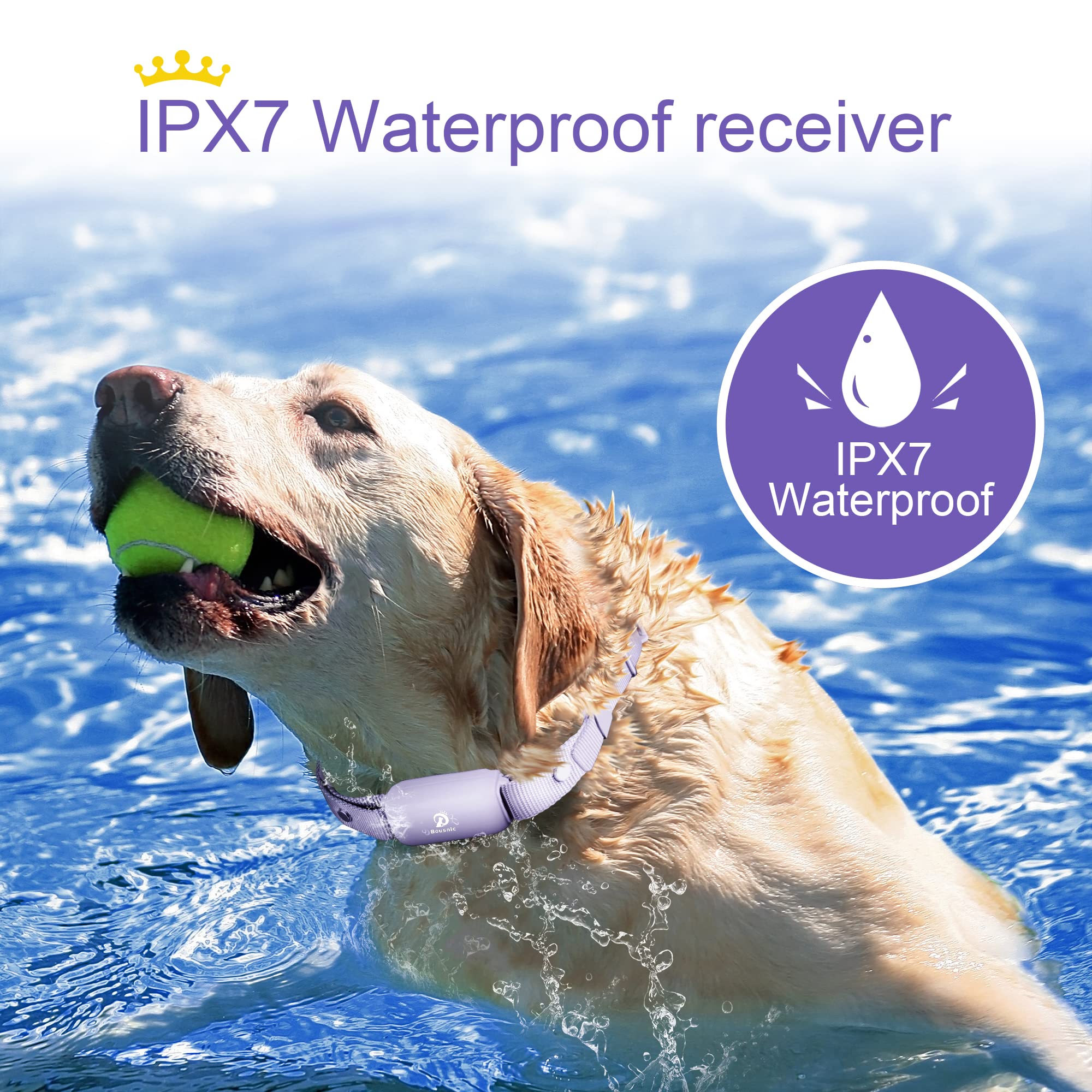 BOUSNIC shock collar waterproof receiver highlights reliable training in rain or water play.