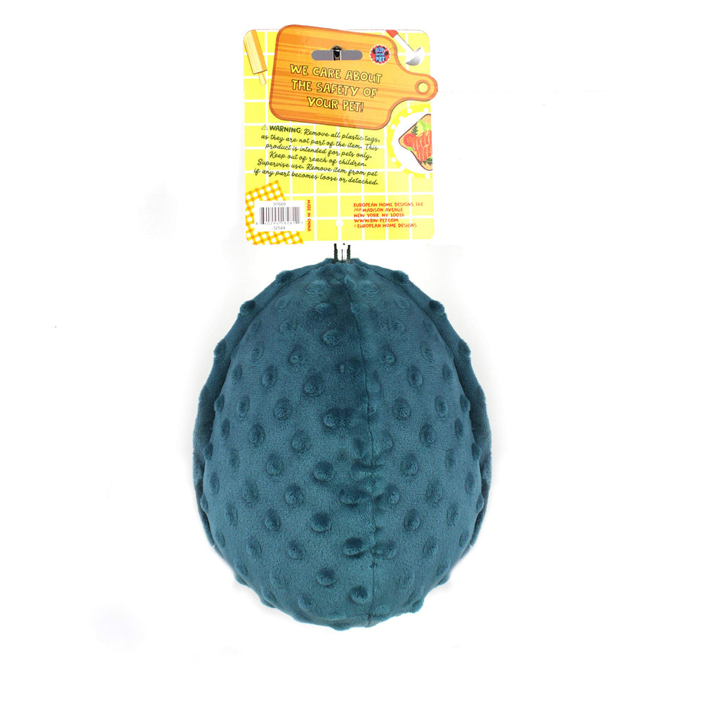 Bow Wow Pet avocado dog toy close-up showing bright plush design for small and medium dogs.