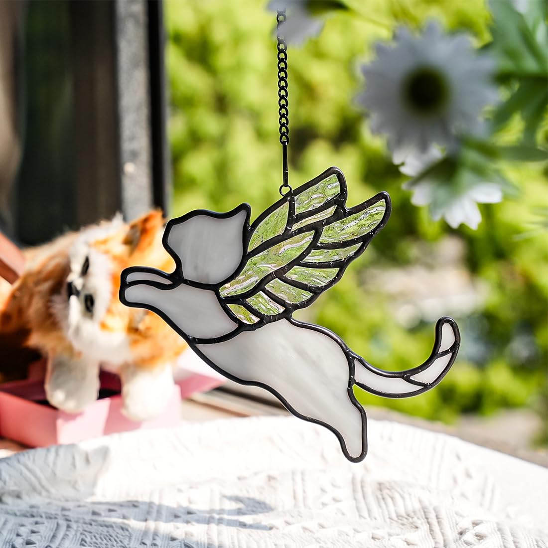 BOXCASA gray cat memorial gift stained glass enhances space with timeless grace.
