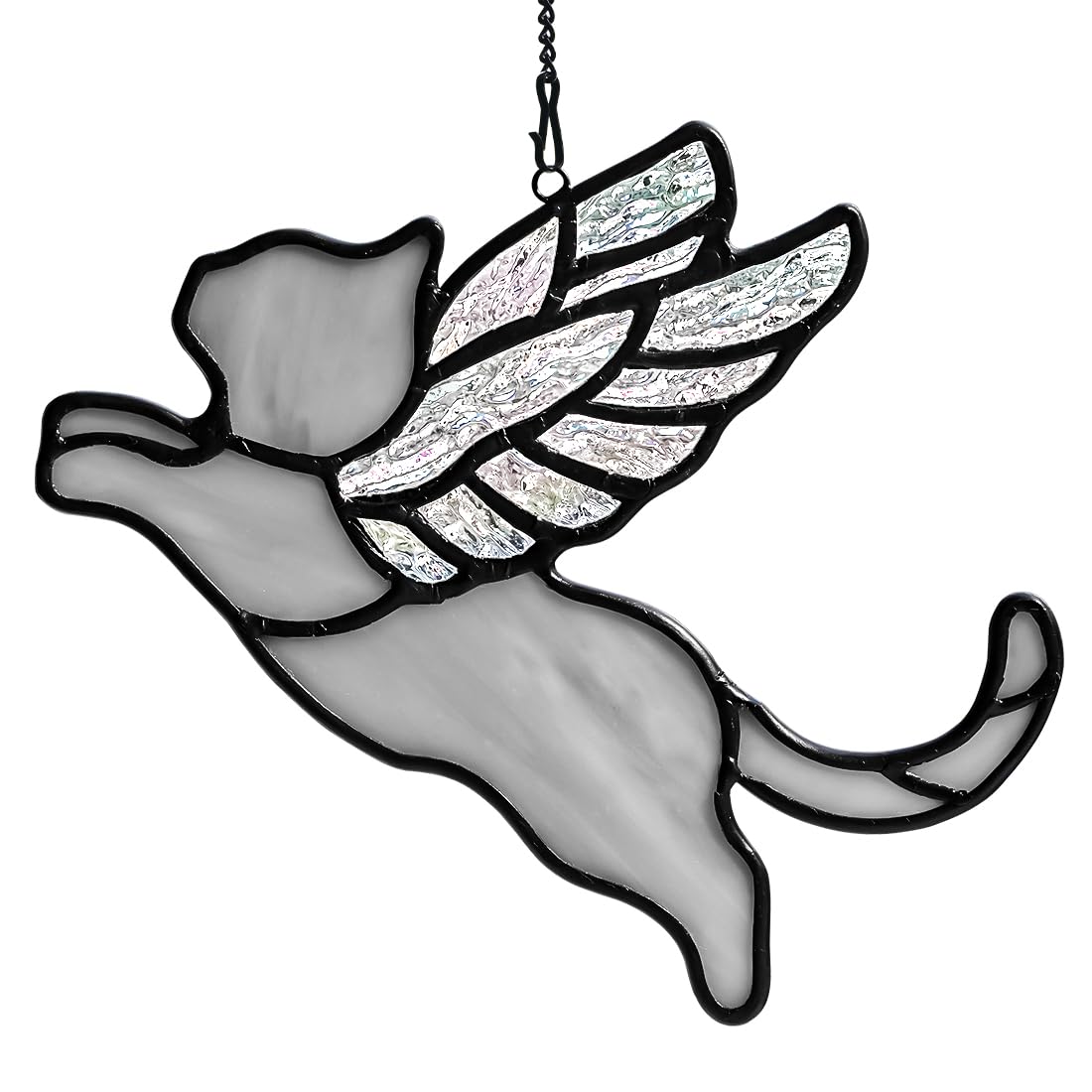 BOXCASA iridescent angel wing gray cat suncatcher brightens windows for memorial ambience.