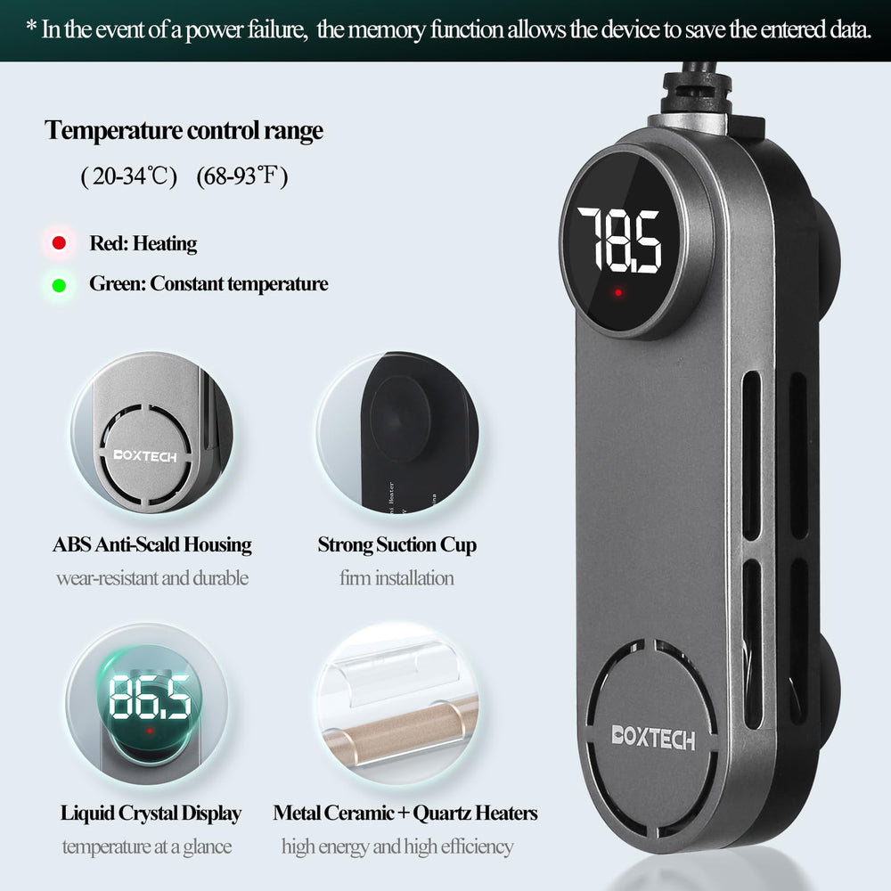 Boxtech 50w submersible heater image shows quick, even heating for small aquariums.