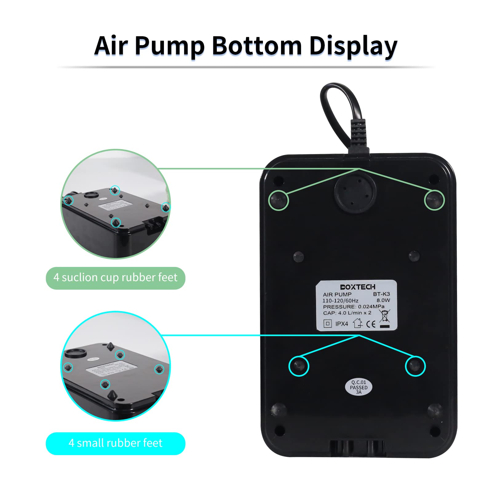 Boxtech aquarium air pump in use in different tank sizes demonstrating versatility
