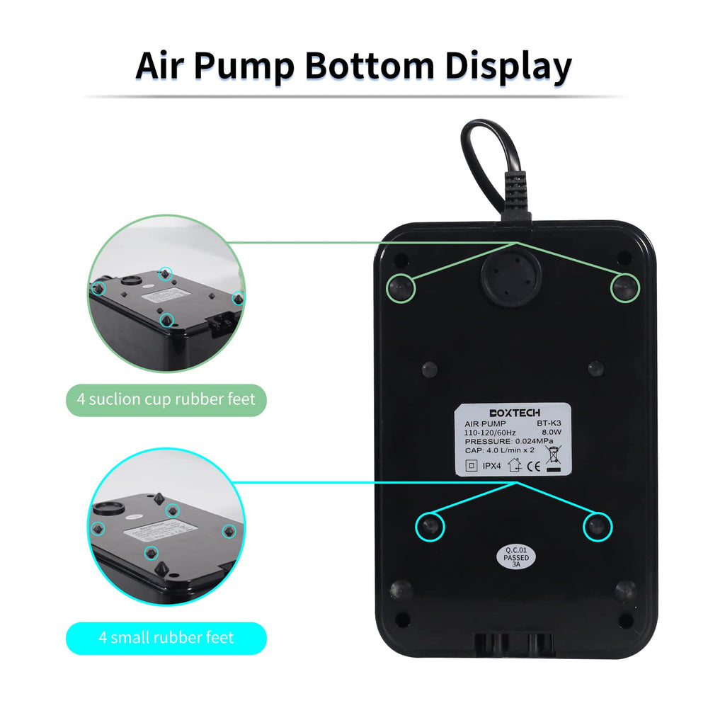 Boxtech aquarium air pump in use in different tank sizes demonstrating versatility