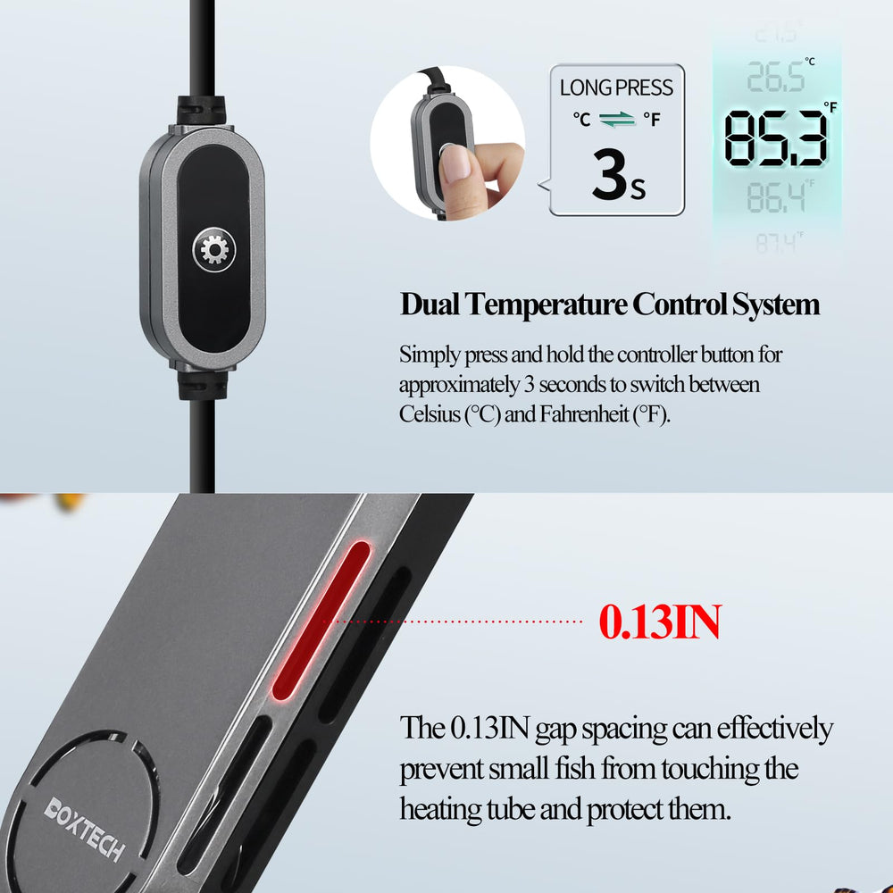 Boxtech external temperature controller provides easy, hands-free adjustment of tank warmth.