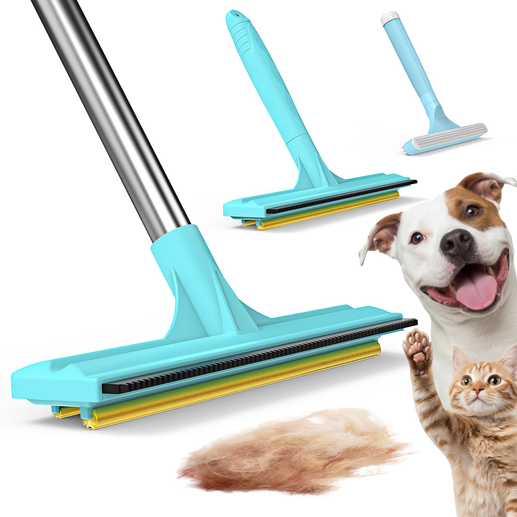 BoxZone 3-in-1 carpet rake long-handle lifts embedded pet hair from carpets.