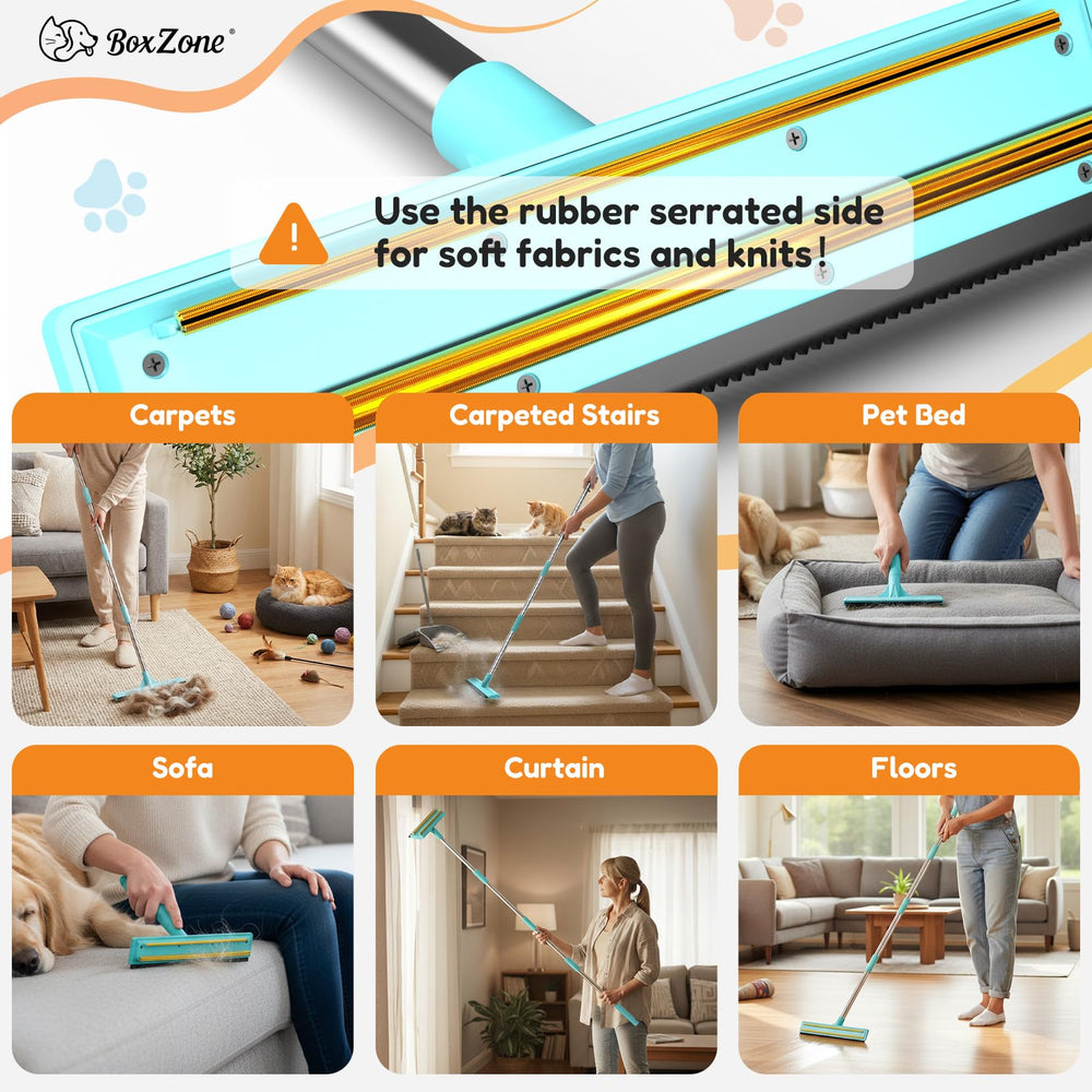 BoxZone all-in-one pet hair tool suits carpets, couches, and rugs.