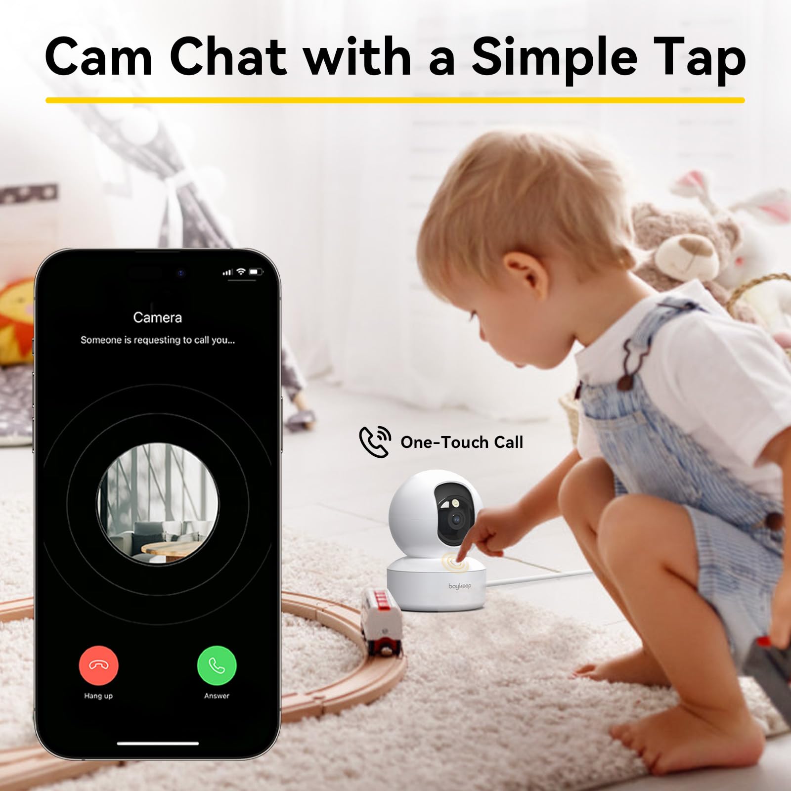 BoyKeep Indoor Camera demonstrates 360° pan and tilt for full room coverage.