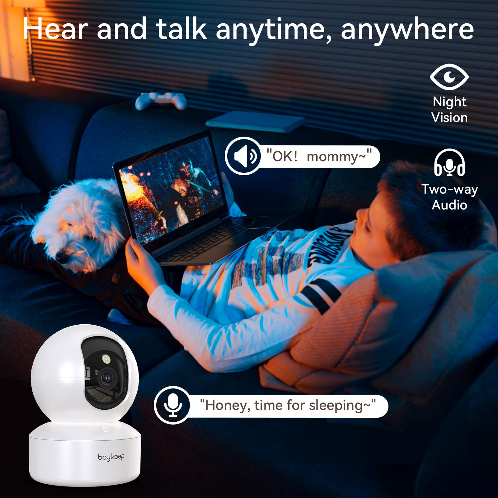BoyKeep Indoor Camera supports two-way audio for real-time conversations.