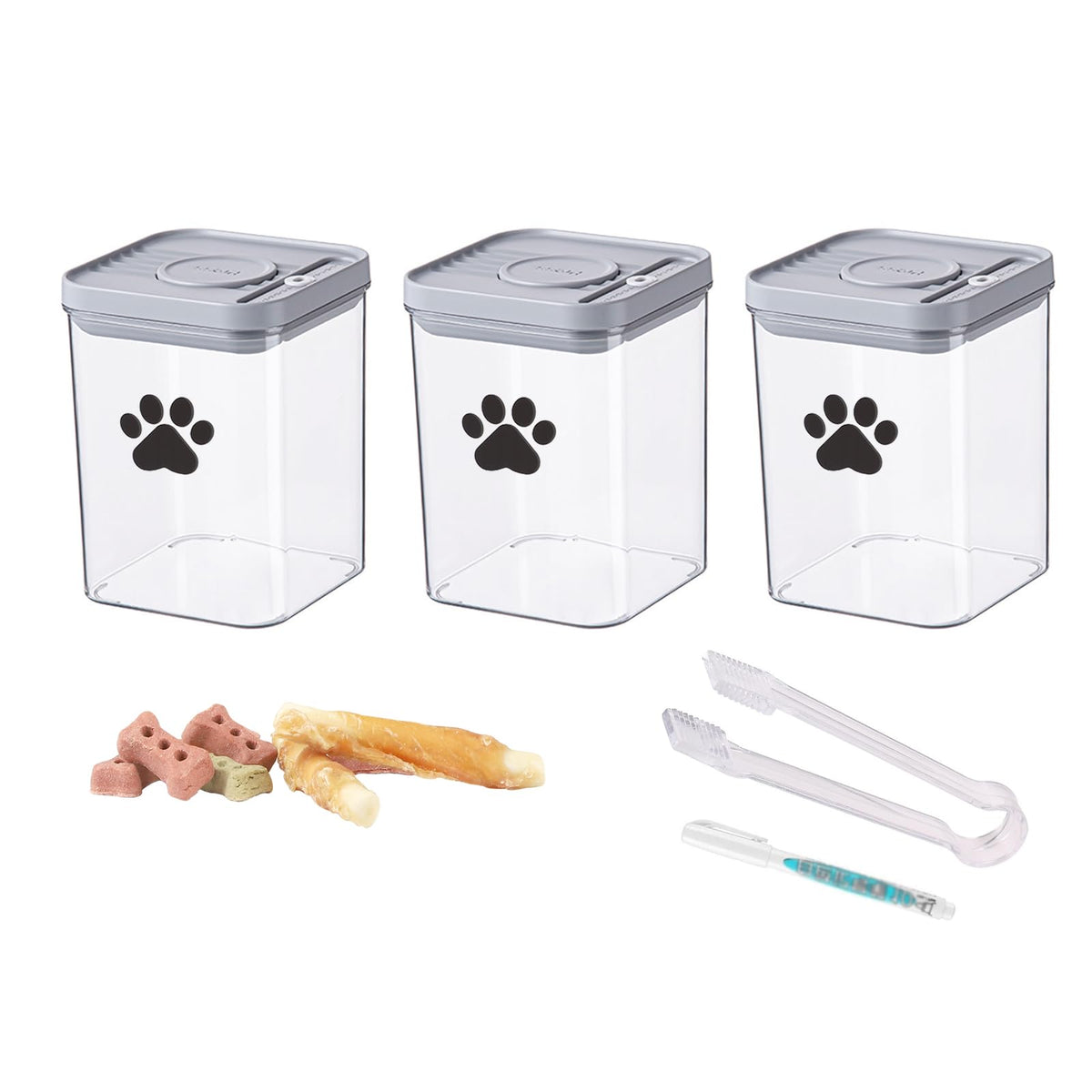 Brabtod 3pack airtight dog treat jars arranged on a counter for organized storage.