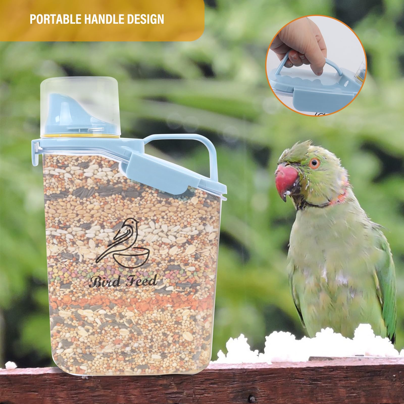 Brabtod bird seed container portable handle for on-the-go use