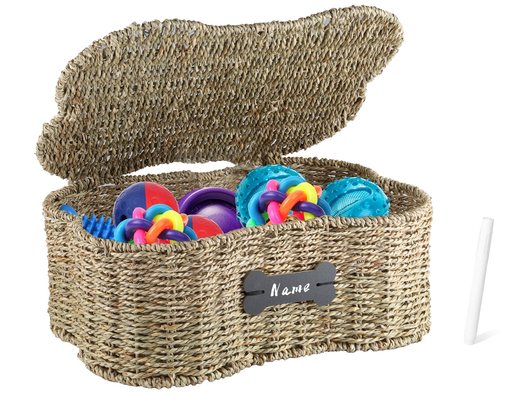 Brabtod Seagrass bone dog toy bin with lid keeps toys organized and dust-free.