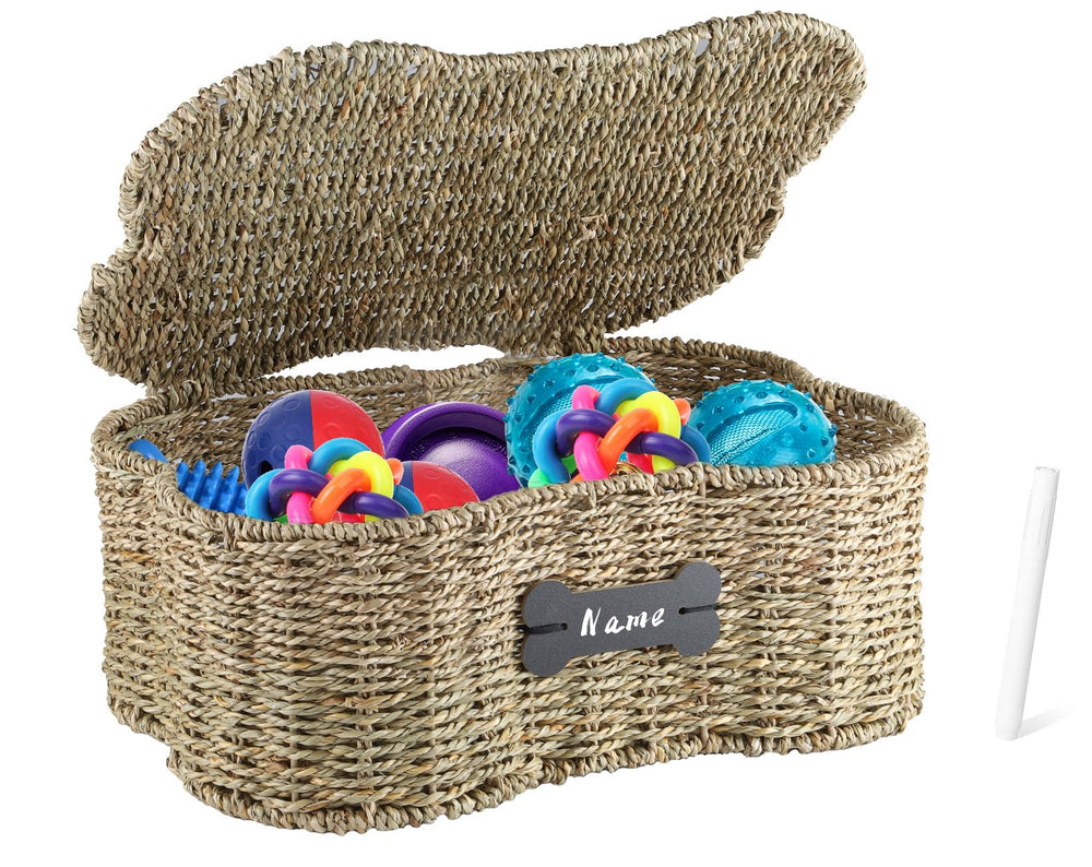 Brabtod Seagrass bone dog toy bin with lid keeps toys organized and dust-free.